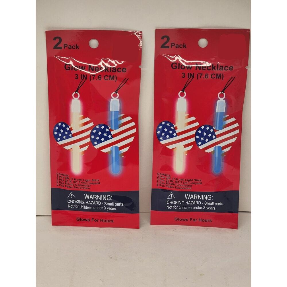 Heart Flag Patriotic Glow Necklaces - 2 Packs (2 Per Pack) 4 Total - NEW